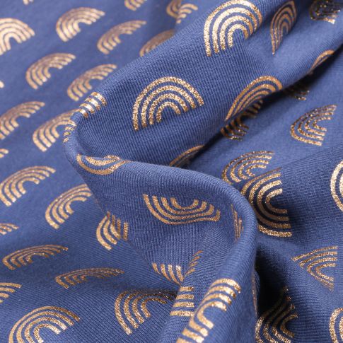 Tissu Jersey Coton Arc en ciel métallisé sur fond Bleu