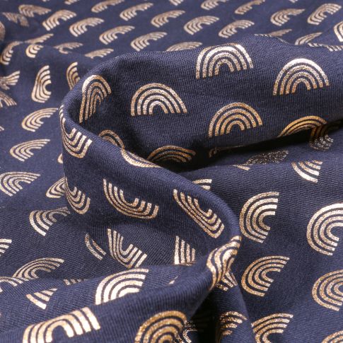 Tissu Jersey Coton Arc en ciel métallisé sur fond Bleu marine