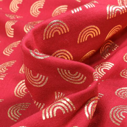 Tissu Jersey Coton Arc en ciel métallisé sur fond Rouge