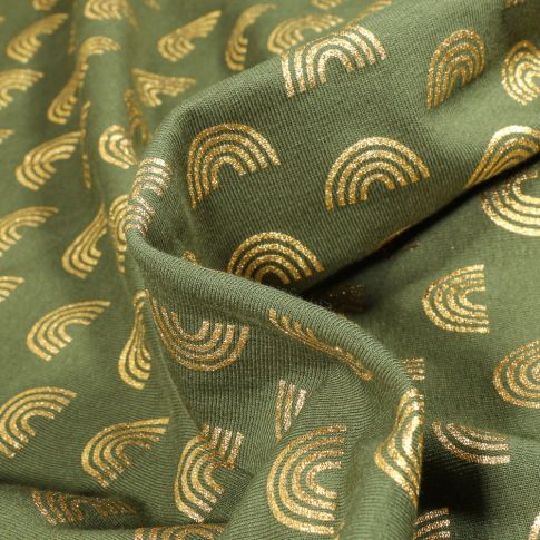Tissu Jersey Coton Arc en ciel métallisé sur fond Vert kaki