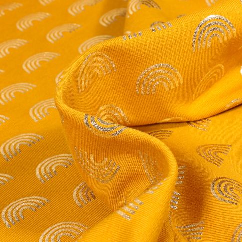 Tissu Jersey Coton Arc en ciel métallisé sur fond Jaune