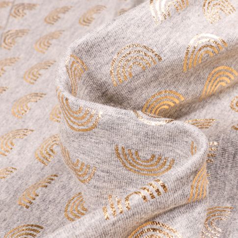Tissu Jersey Coton Arc en ciel métallisé sur fond Gris chiné