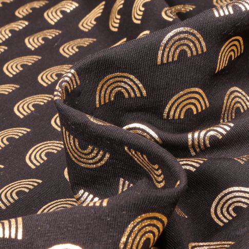 Tissu Jersey Coton Arc en ciel métallisé sur fond Noir