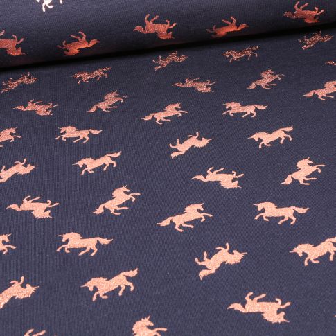 Tissu Jersey Coton Licornes métallisées sur fond Bleu marine