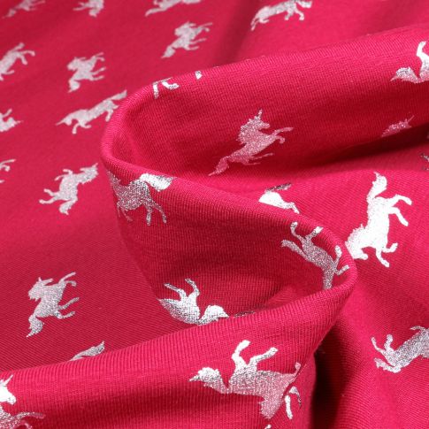 Tissu Jersey Coton Licornes métallisées sur fond Framboise