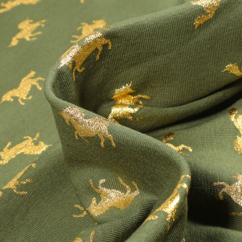 Tissu Jersey Coton Licornes métallisées sur fond Vert kaki