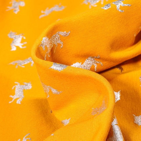 Tissu Jersey Coton Licornes métallisées sur fond Jaune