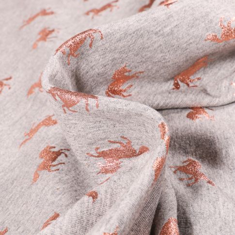 Tissu Jersey Coton Licornes métallisées sur fond Gris chiné
