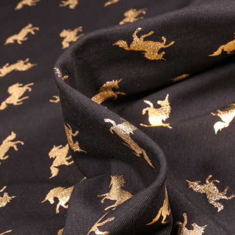 Tissu Jersey Coton Licornes métallisées sur fond Noir