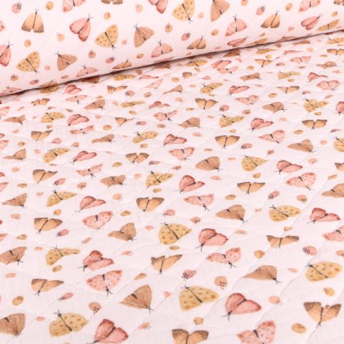 Tissu Double gaze Matelassée Papillons sur fond Blanc cassé
