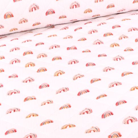 Tissu Double gaze Matelassée Arc en ciel sur fond Blanc cassé