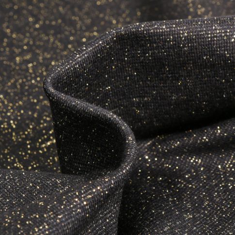 Tissu Bord côte pailleté Or sur fond Noir profond