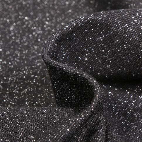 Tissu Bord côte pailleté Argent sur fond Noir profond
