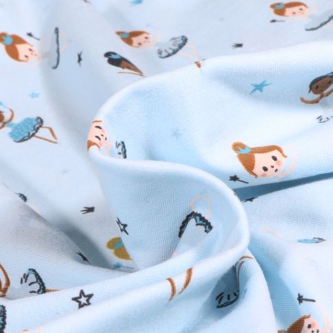 Tissu Jersey Coton Danseuses tutu sur fond Bleu ciel