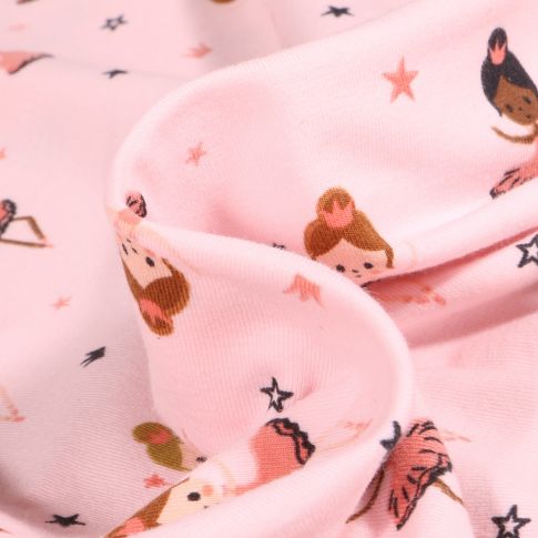 Tissu Jersey Coton Danseuses tutu sur fond Rose pâle