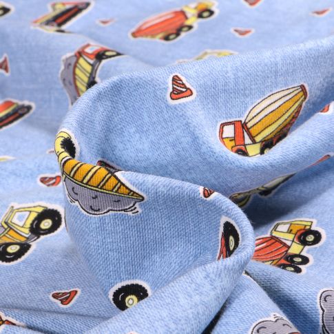 Tissu Jersey Coton Bétonneuse et engins sur fond Bleu clair