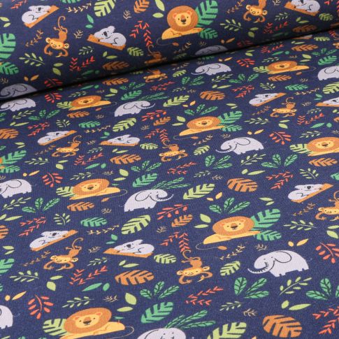Tissu Jersey Coton Animaux de la jungle sur fond Bleu marine