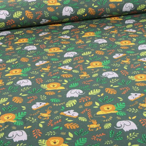 Tissu Jersey Coton Animaux de la jungle  sur fond Vert