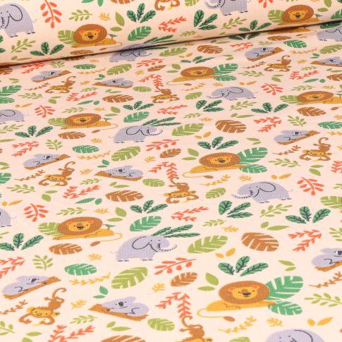 Tissu Jersey Coton Animaux de la jungle sur fond Beige