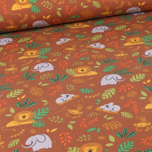 Tissu Jersey Coton Animaux de la jungle sur fond Camel