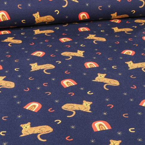 Tissu Jersey Coton Tigre et arc en ciel sur fond Bleu marine
