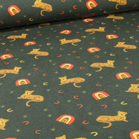 Tissu Jersey Coton Tigre et arc en ciel sur fond Vert foncé