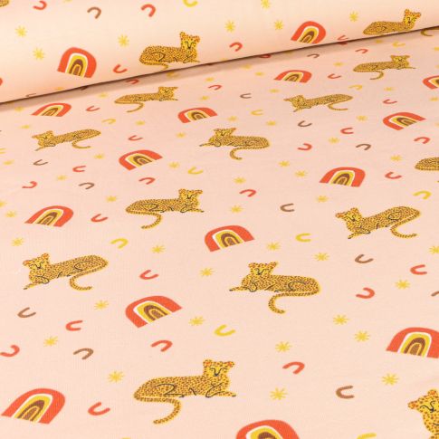 Tissu Jersey Coton Tigre et arc en ciel sur fond Beige