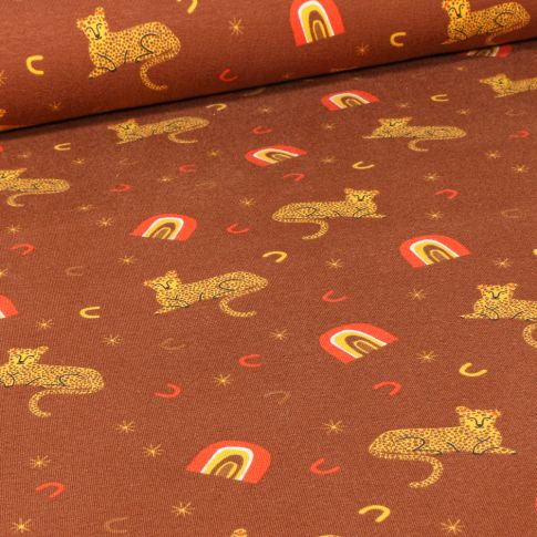 Tissu Jersey Coton Tigre et arc en ciel sur fond Brique