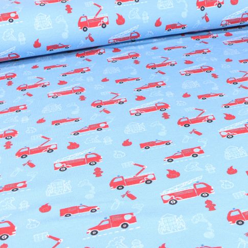 Tissu Jersey Coton Camions de pompiers en service sur fond Bleu ciel