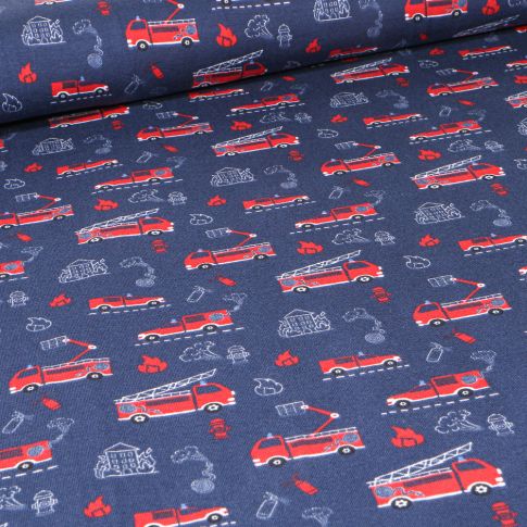 Tissu Jersey Coton Camions de pompiers en service sur fond Bleu marine
