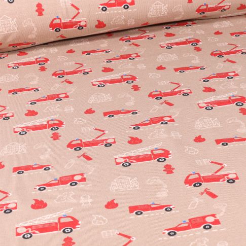 Tissu Jersey Coton Camions de pompiers en service sur fond Beige