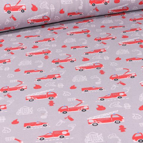 Tissu Jersey Coton Camions de pompiers en service sur fond Gris