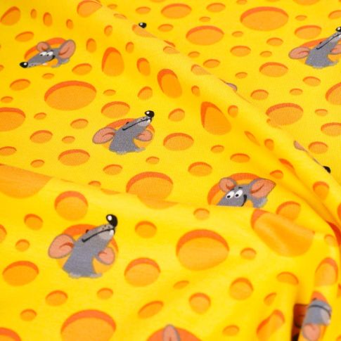 Tissu Jersey Coton LittleBird Rongeurs et fromages sur fond Jaune