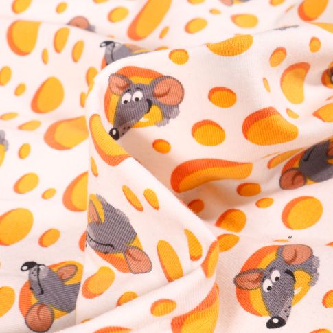 Tissu Jersey Coton LittleBird Rongeurs et fromages sur fond Blanc