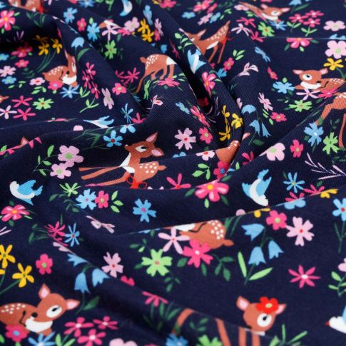 Tissu Jersey Coton Faons prairies fleuris sur fond Bleu marine