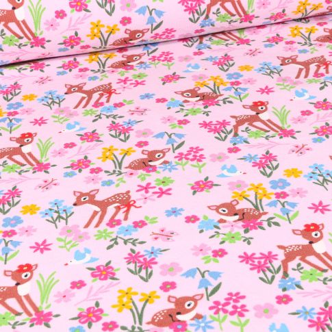 Tissu Jersey Coton Faons prairies fleuris sur fond Rose