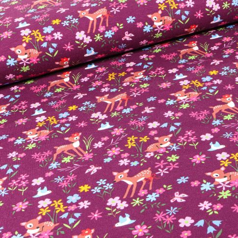 Tissu Jersey Coton Faons prairies fleuris sur fond Violine