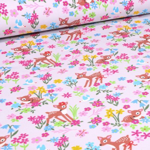 Tissu Jersey Coton Faons prairies fleuris sur fond Rose clair