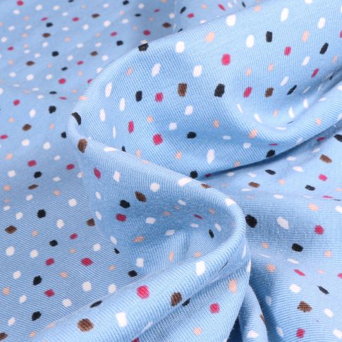 Tissu Jersey Coton Points multicolores sur fond Bleu ciel