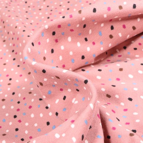 Tissu Jersey Coton Points multicolores sur fond Rose