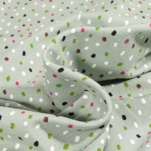 Tissu Jersey Coton Points multicolores sur fond Vert amande