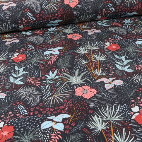 Tissu Jersey Coton Feuilles et fleurs exotique sur fond Noir