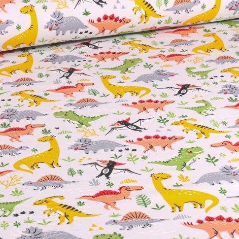 Tissu Jersey Coton Dinosaures multicolores sur fond Blanc