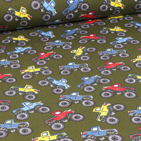 Tissu Jersey Coton Monster truck pickup sur fond Vert kaki
