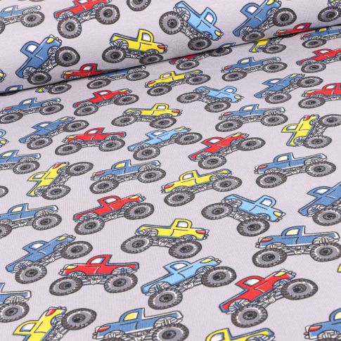 Tissu Jersey Coton Monster truck pickup sur fond Gris