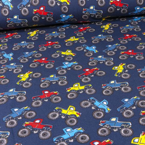 Tissu Jersey Coton Monster track sur fond Bleu marine