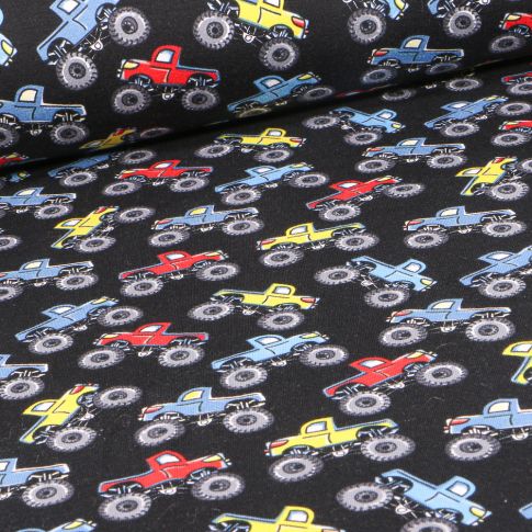 Tissu Jersey Coton Monster truck pickup sur fond Noir