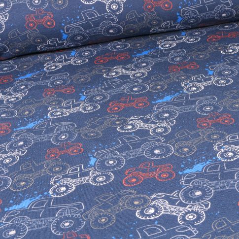 Tissu Jersey Coton envers gratté Monster truck sur fond Bleu denim
