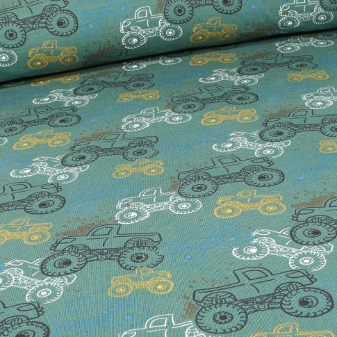 Tissu Jersey Coton envers gratté Monster truck sur fond Vert