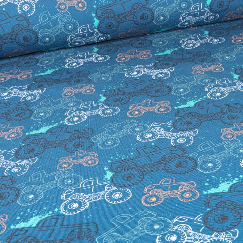 Tissu Jersey Coton envers gratté Monster truck sur fond Bleu